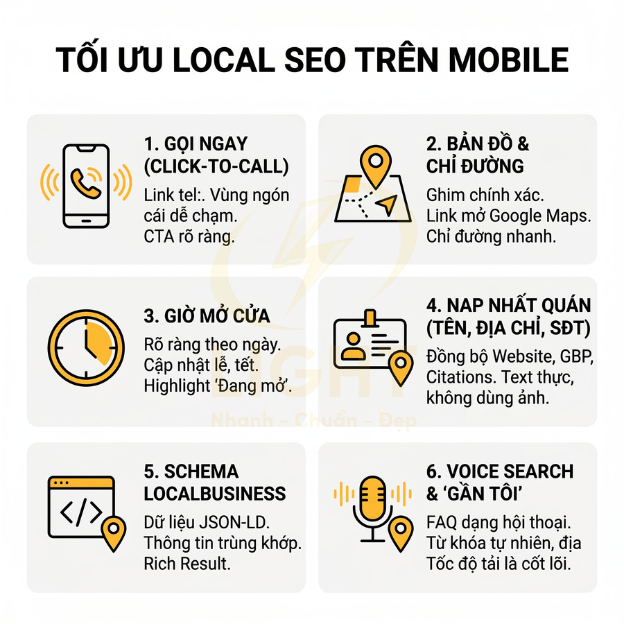 Hướng dẫn tối ưu local SEO trên mobile với 6 bước: gọi ngay, bản đồ, giờ mở cửa, NAP, schema và voice search