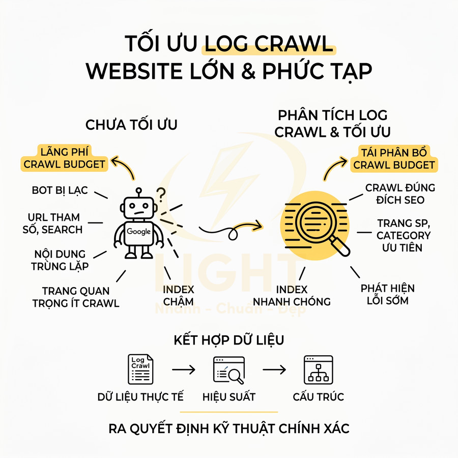 Tối ưu log crawl cho website lớn và phức tạp giúp phân bổ crawl budget hiệu quả và index nhanh hơn