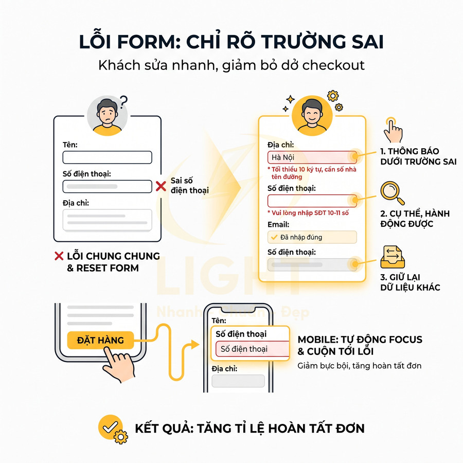Hướng dẫn thiết kế form checkout hiển thị rõ lỗi từng trường để khách sửa nhanh và tăng tỉ lệ hoàn tất đơn