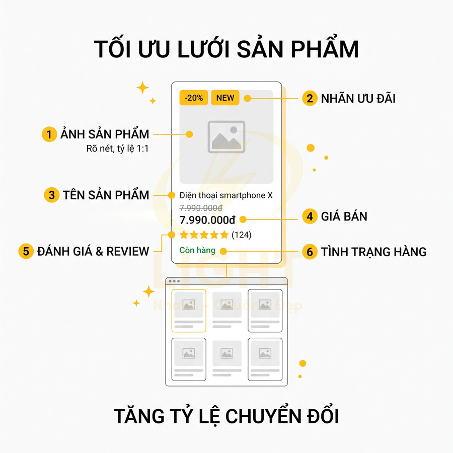 Hướng dẫn tối ưu lưới sản phẩm ecommerce với ảnh smartphone, nhãn ưu đãi, giá bán, đánh giá và tình trạng hàng