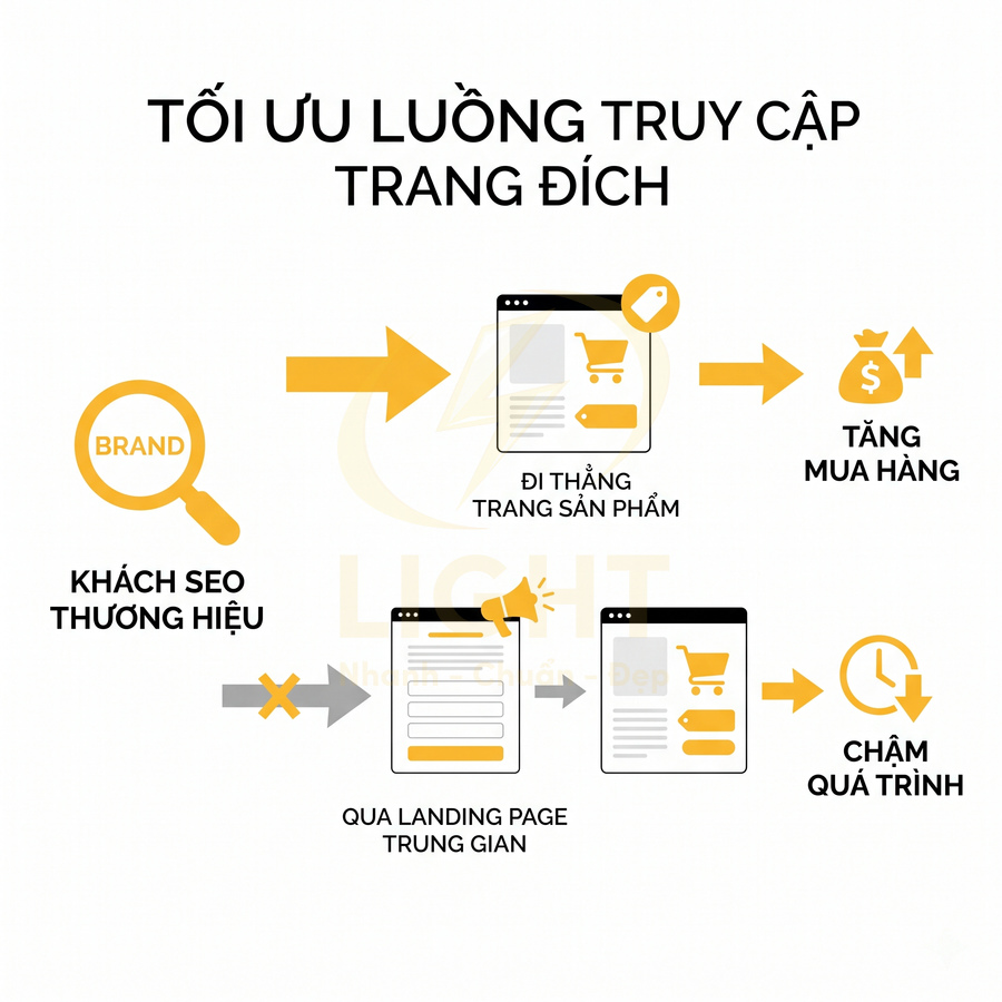 Sơ đồ tối ưu luồng truy cập trang đích, so sánh đi thẳng trang sản phẩm và qua landing page trung gian