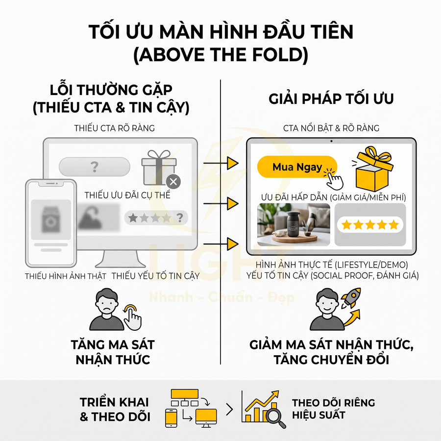 Infographic tối ưu màn hình đầu tiên website với CTA nổi bật, ưu đãi rõ ràng và hình ảnh sản phẩm thực tế