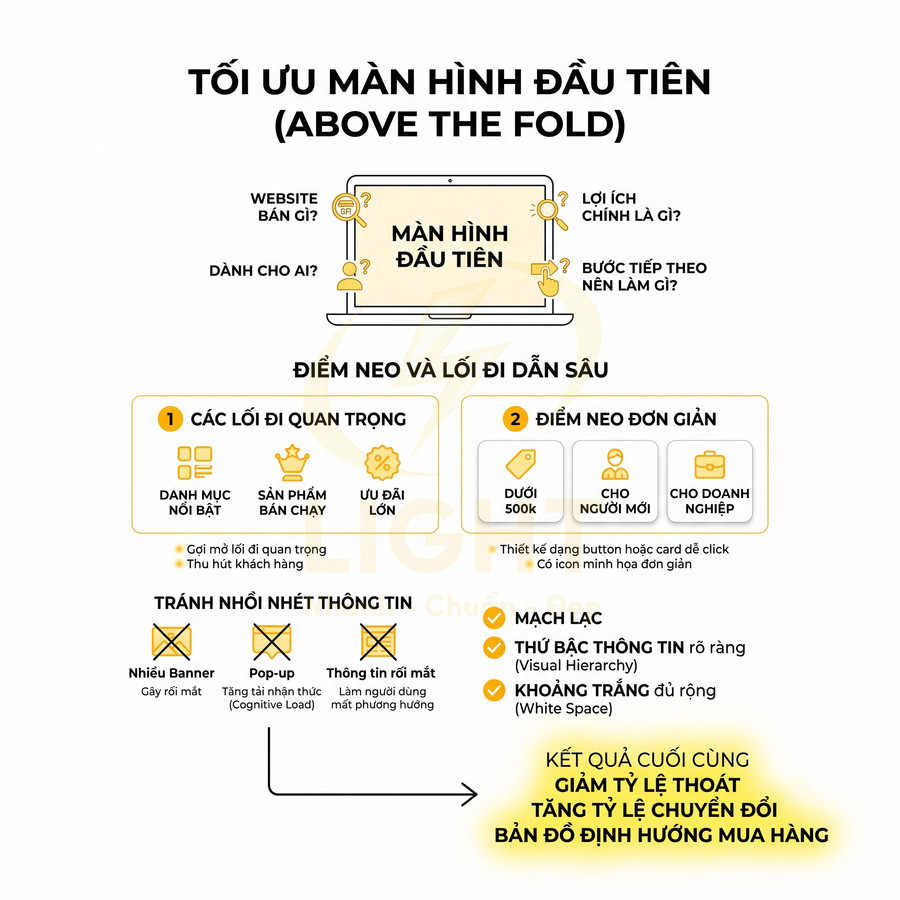 Infographic tối ưu màn hình đầu tiên website với điểm neo, lối đi dẫn sâu và lưu ý tránh nhồi nhét thông tin