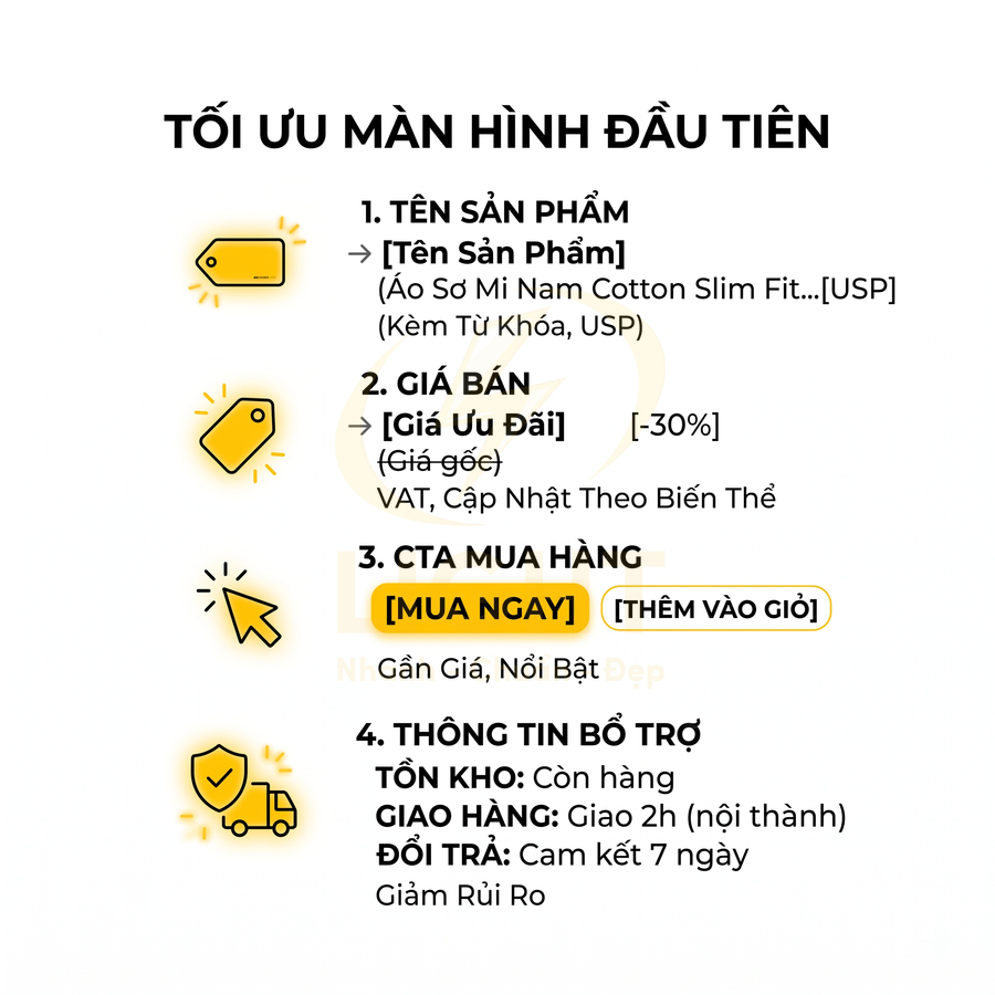 Hướng dẫn tối ưu màn hình sản phẩm đầu tiên với tên sản phẩm, giá bán, nút mua ngay và thông tin tồn kho, giao hàng