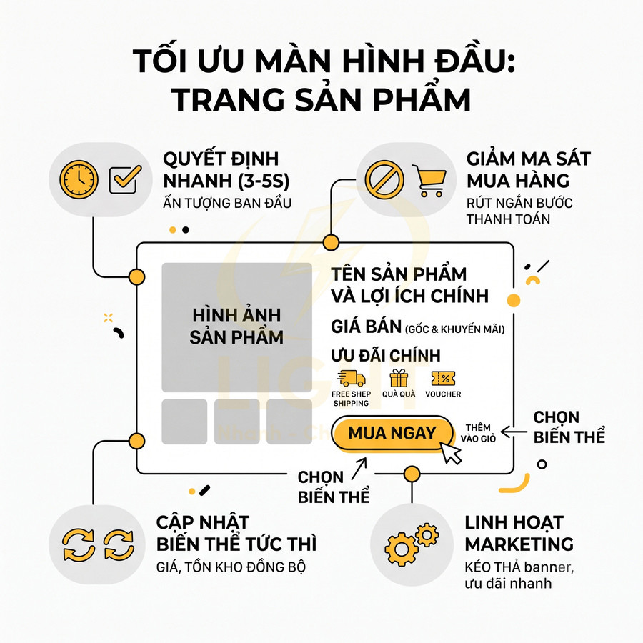 Hướng dẫn tối ưu trang sản phẩm với bố cục hình ảnh, tên, giá, ưu đãi và nút mua ngay nổi bật