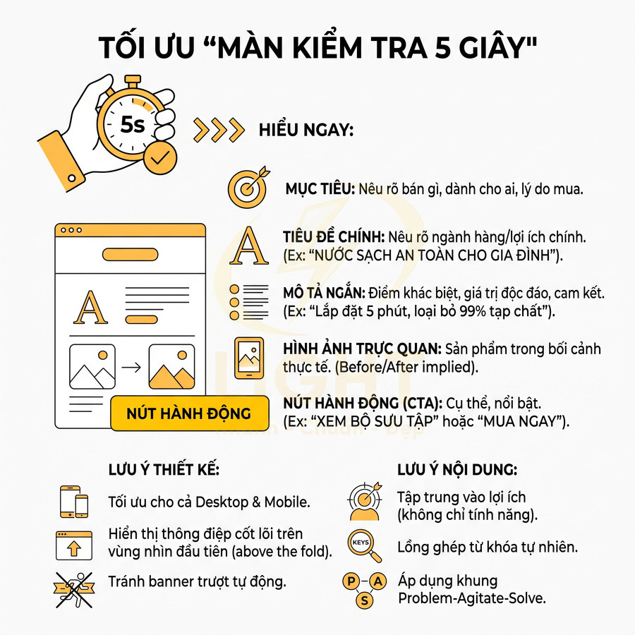 Infographic tối ưu màn kiểm tra 5 giây với hướng dẫn thiết kế landing page và nút kêu gọi hành động nổi bật