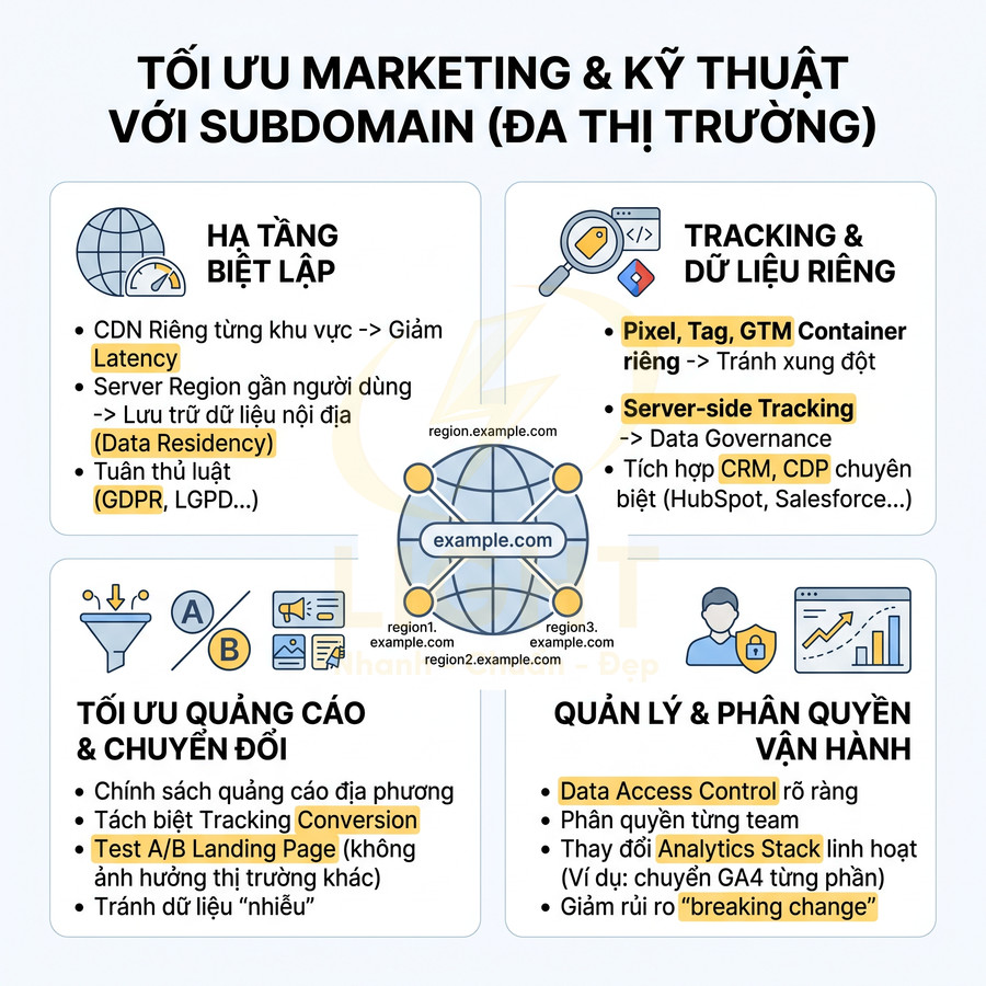 Infographic tối ưu marketing và kỹ thuật với subdomain đa thị trường, nêu lợi ích hạ tầng, tracking, quảng cáo và quản lý dữ liệu