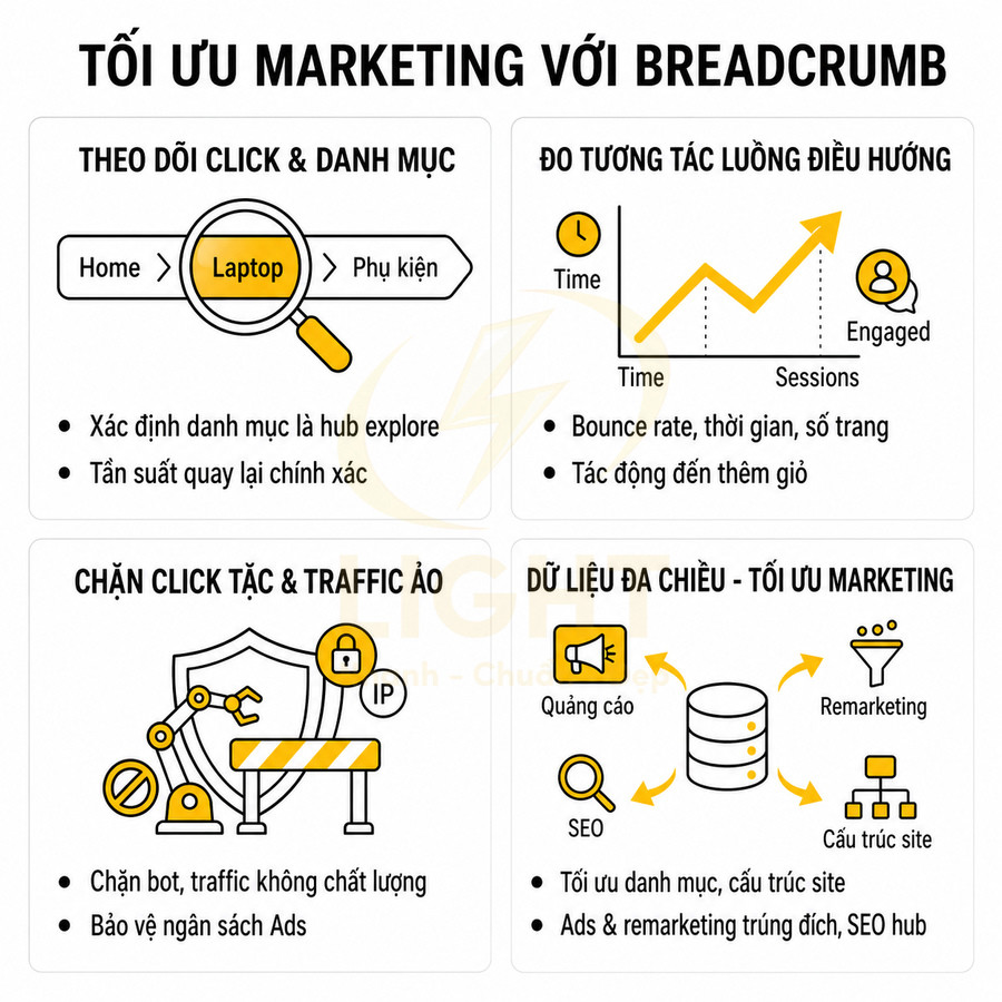 Infographic tối ưu marketing với breadcrumb, theo dõi click danh mục, đo tương tác, chặn traffic ảo và tối ưu dữ liệu đa kênh