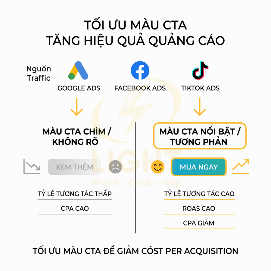 Hướng dẫn tối ưu màu nút CTA nổi bật trong quảng cáo Google Ads Facebook Ads TikTok Ads để tăng tương tác và giảm CPA