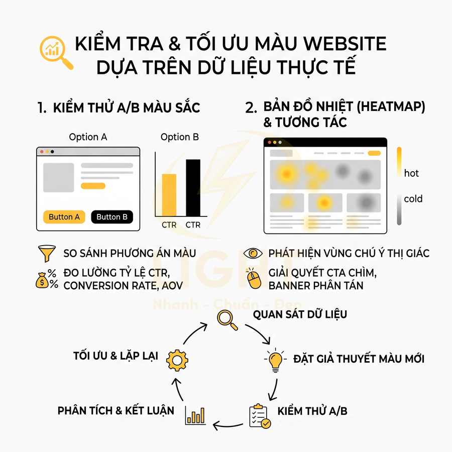 Infographic quy trình kiểm tra và tối ưu màu sắc website bằng A/B testing và bản đồ nhiệt heatmap