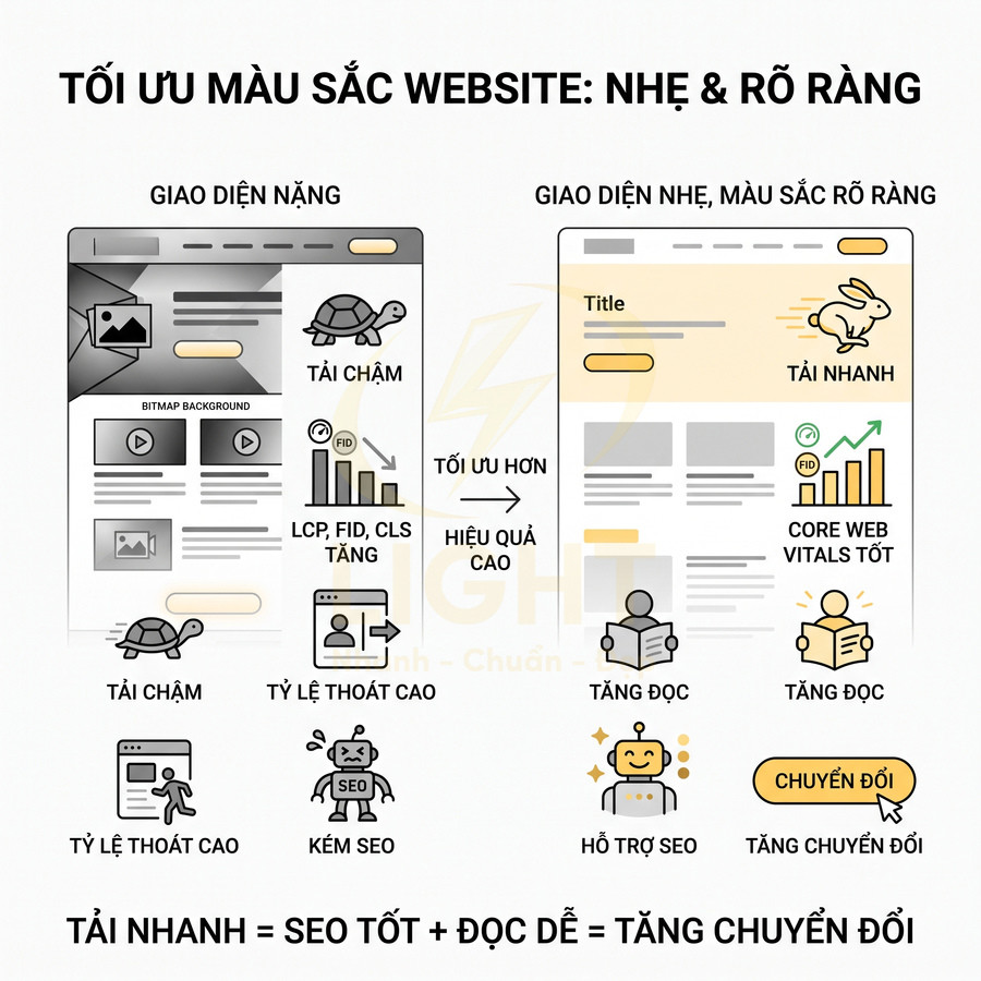 Infographic so sánh giao diện website nặng và giao diện nhẹ tối ưu màu sắc giúp tải nhanh, tốt cho SEO và chuyển đổi
