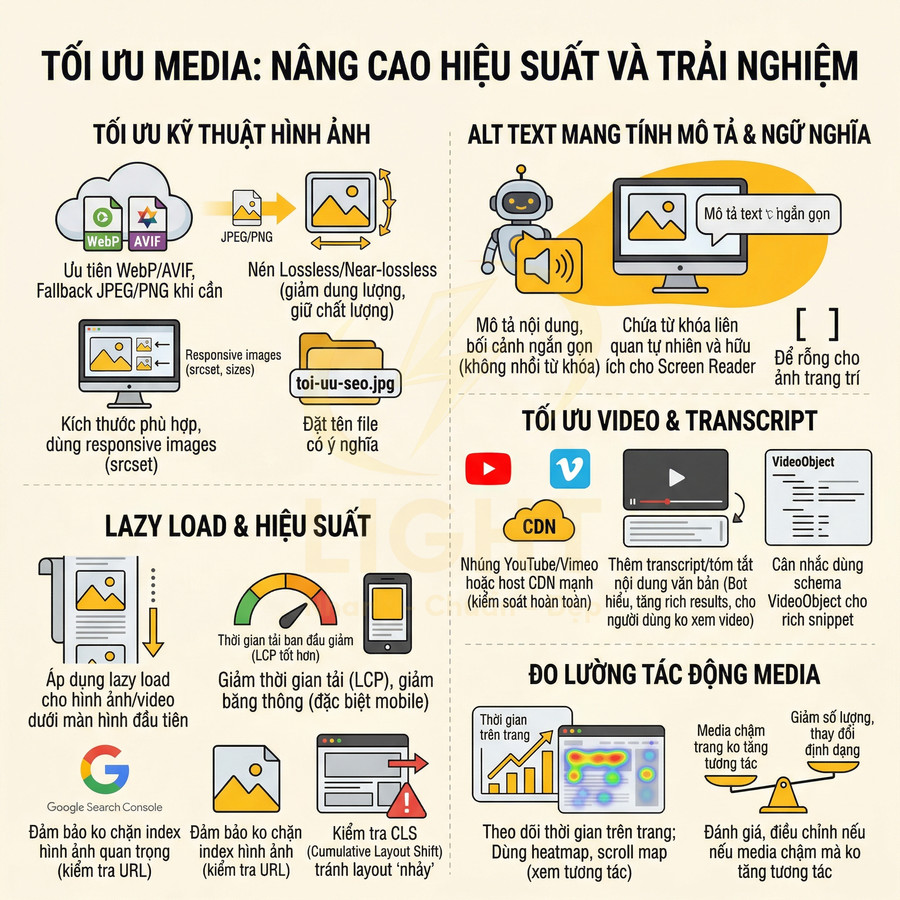 Infographic tối ưu media cho SEO với hướng dẫn nén ảnh, lazy load, tối ưu video, transcript và đo lường trải nghiệm người dùng