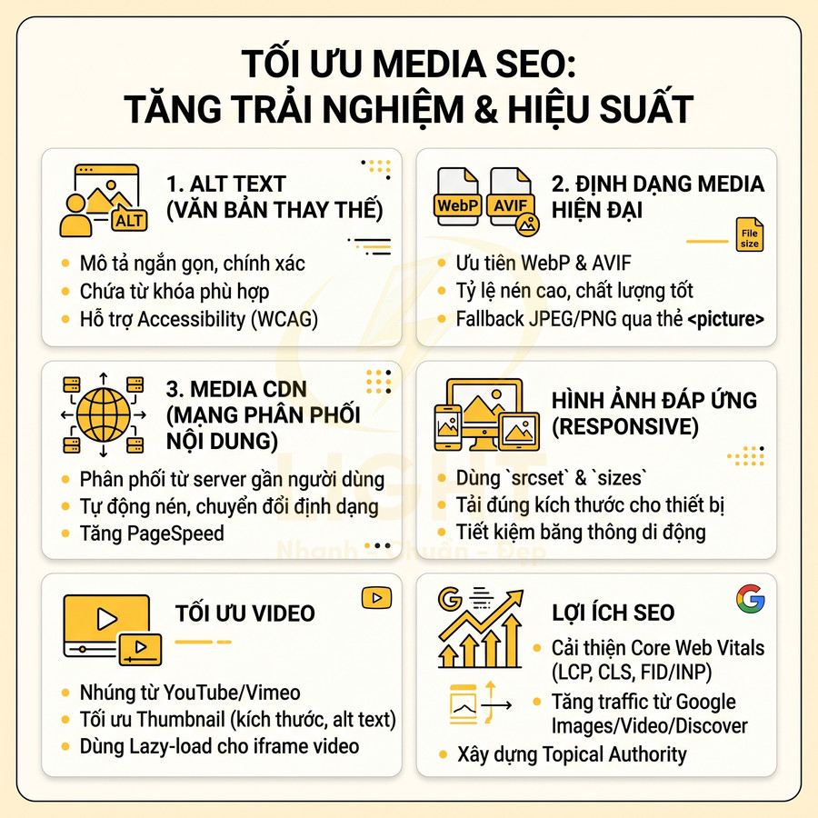 Checklist tối ưu media SEO với alt text, định dạng WebP AVIF, CDN, responsive, tối ưu video và lợi ích SEO