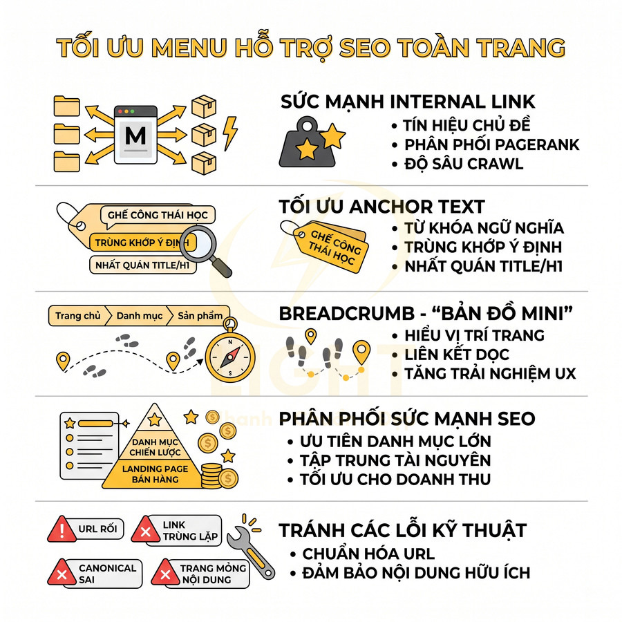 Infographic tối ưu menu website hỗ trợ SEO toàn trang với internal link, anchor text, breadcrumb và phân phối sức mạnh SEO