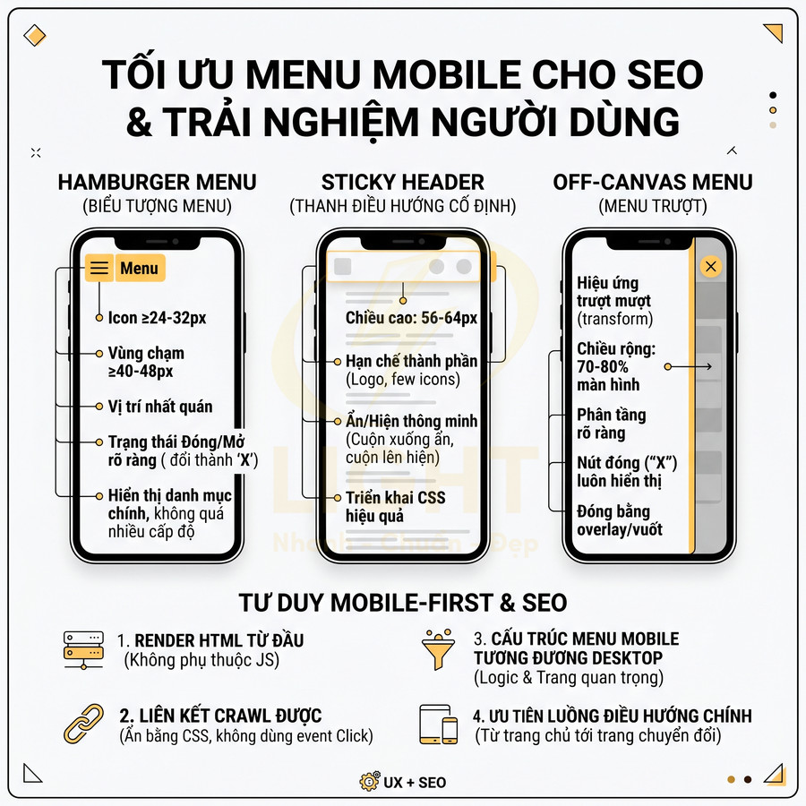 Hướng dẫn tối ưu menu mobile cho SEO với ví dụ hamburger menu, sticky header và off canvas menu trên giao diện điện thoại