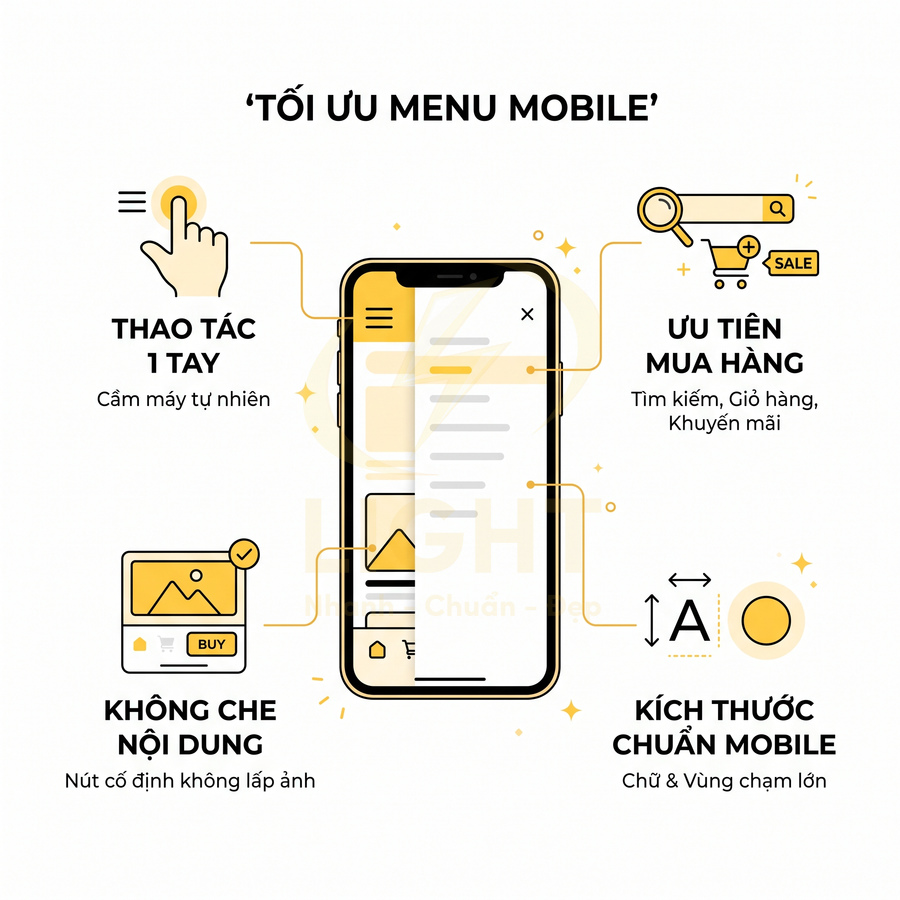 Minh họa tối ưu menu mobile trên smartphone với thao tác một tay, ưu tiên mua hàng và nút không che nội dung