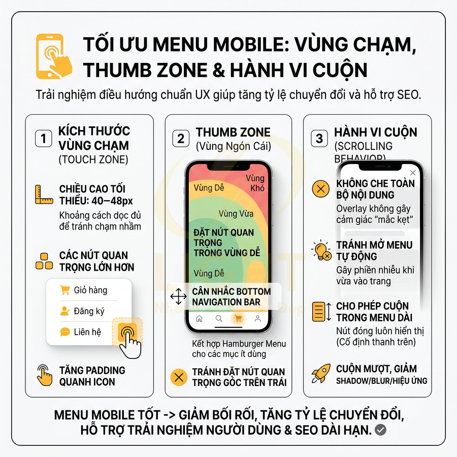 Infographic tối ưu menu mobile với vùng chạm, thumb zone và hành vi cuộn trên giao diện điện thoại thông minh