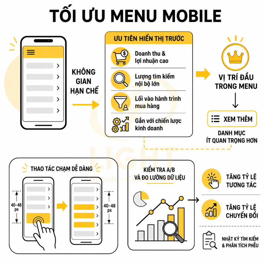 Infographic hướng dẫn tối ưu menu mobile với ưu tiên hiển thị, thao tác chạm dễ dàng và kiểm tra A/B tăng chuyển đổi