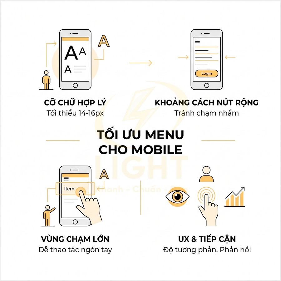 Hướng dẫn tối ưu menu trên giao diện mobile với cỡ chữ hợp lý, nút cách rộng và vùng chạm lớn
