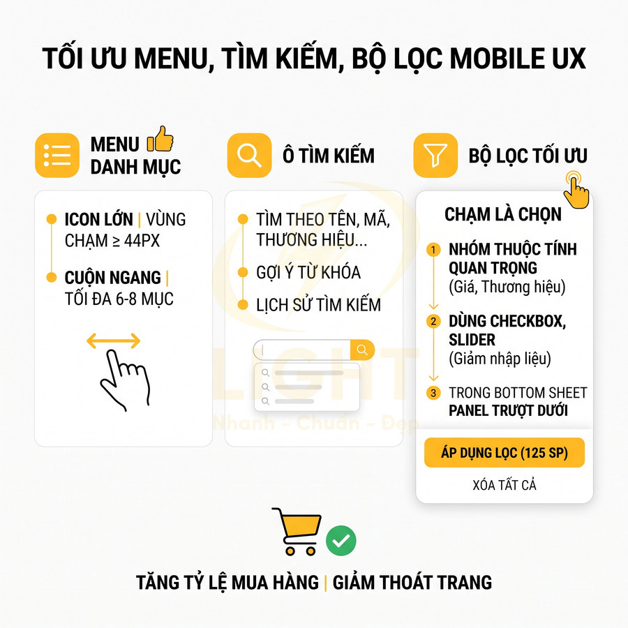 Hướng dẫn tối ưu menu, ô tìm kiếm và bộ lọc UX trên giao diện mobile để tăng tỷ lệ mua hàng