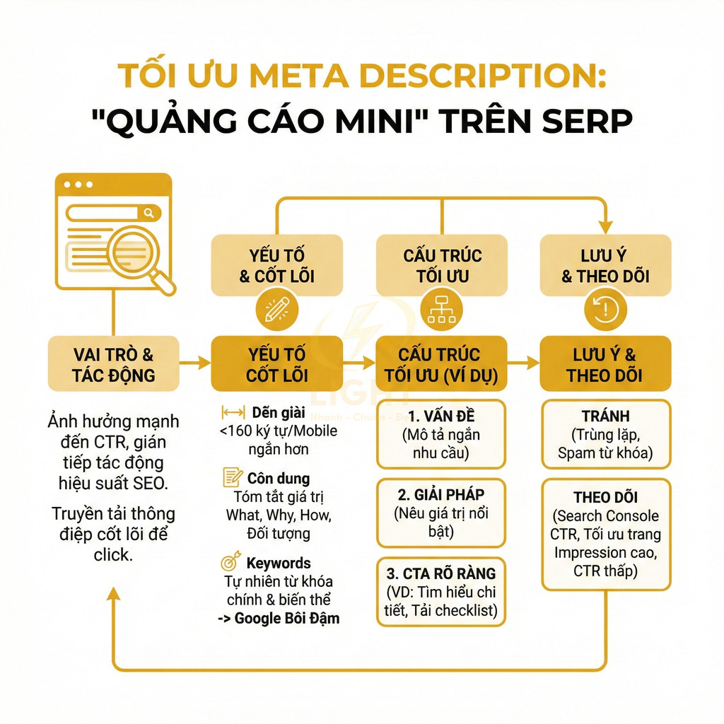 Infographic hướng dẫn tối ưu meta description như quảng cáo mini trên SERP để tăng CTR và hiệu suất SEO