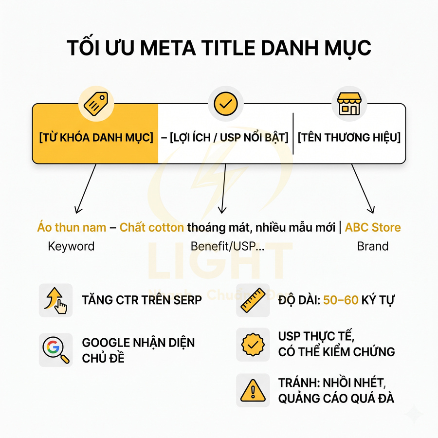 Hướng dẫn tối ưu meta title danh mục với cấu trúc từ khóa lợi ích thương hiệu và các lưu ý SEO quan trọng