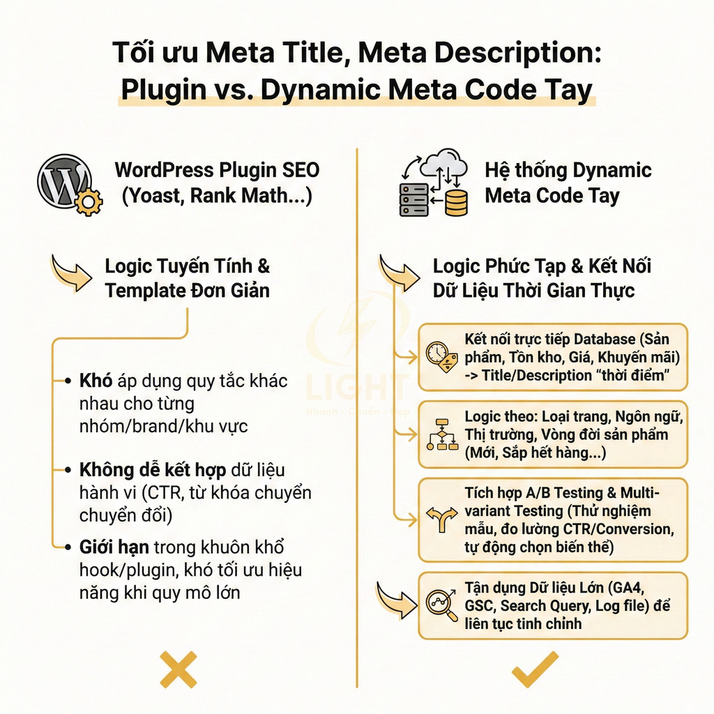So sánh tối ưu meta title, meta description giữa plugin SEO WordPress và hệ thống Dynamic Meta Code Tay