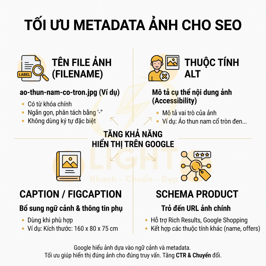 Hướng dẫn tối ưu metadata hình ảnh cho SEO với tên file alt caption và schema product