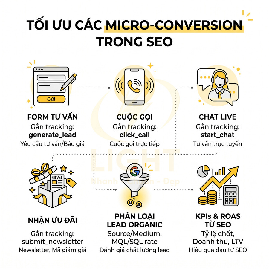 Các loại micro conversion trong SEO như form tư vấn, cuộc gọi, chat live, nhận ưu đãi, phân loại lead, KPIs ROAS