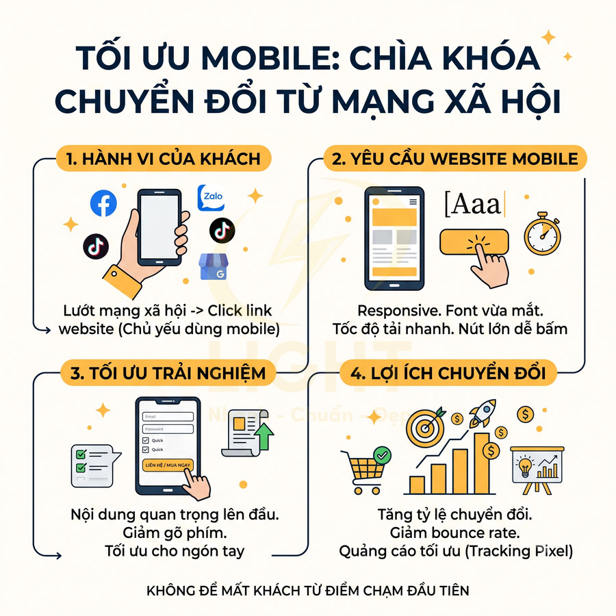 Infographic tối ưu website mobile để tăng chuyển đổi từ mạng xã hội với minh họa điện thoại thông minh