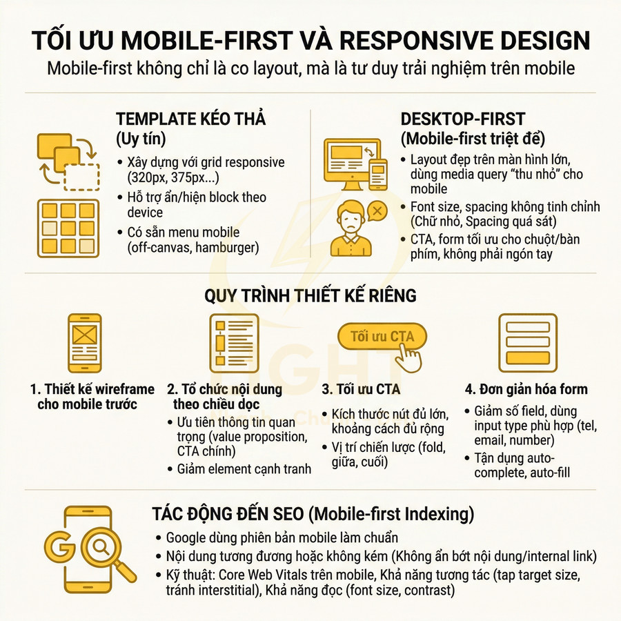 Infographic tối ưu mobile first và responsive design, quy trình thiết kế web chuẩn SEO cho trải nghiệm tốt trên mobile