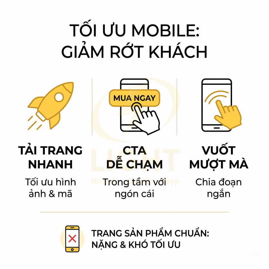 Infographic tối ưu mobile giảm rớt khách với tải trang nhanh, CTA dễ chạm và trải nghiệm vuốt mượt mà