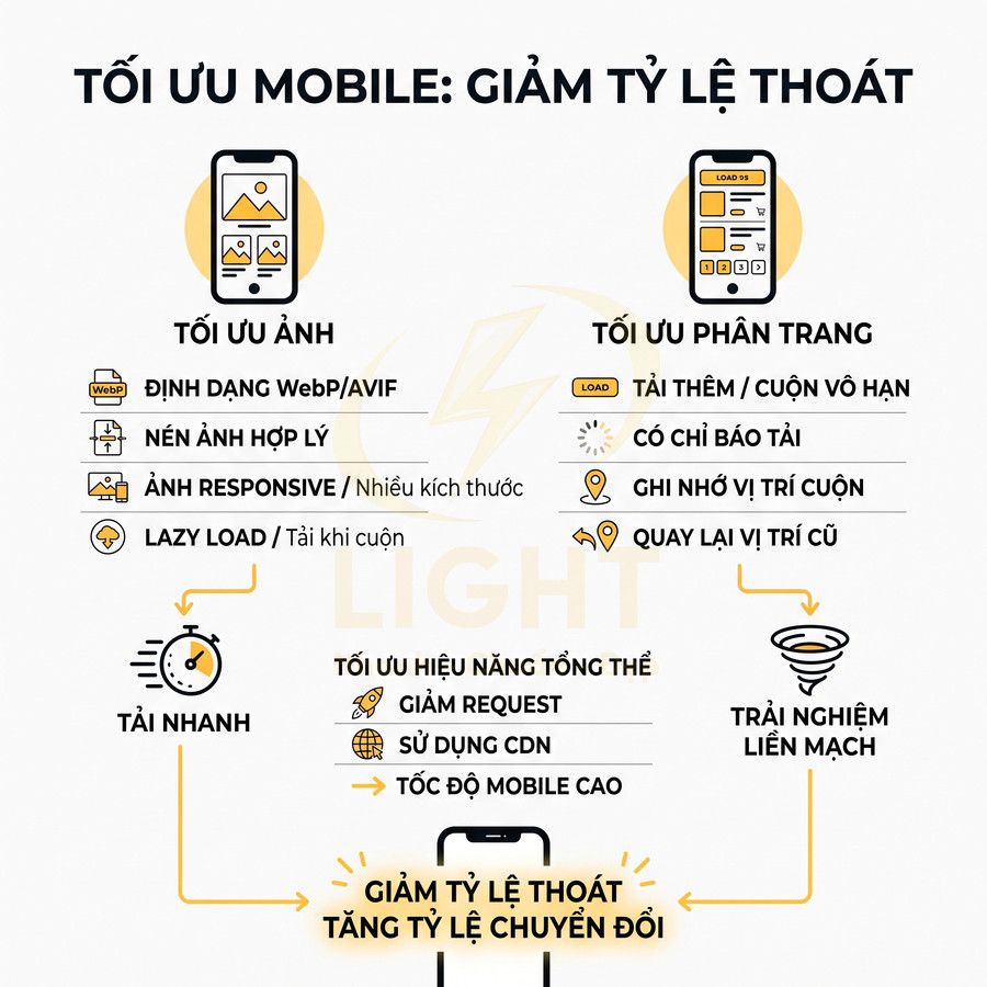 Hướng dẫn tối ưu mobile với tối ưu ảnh, phân trang và hiệu năng để giảm tỷ lệ thoát, tăng chuyển đổi