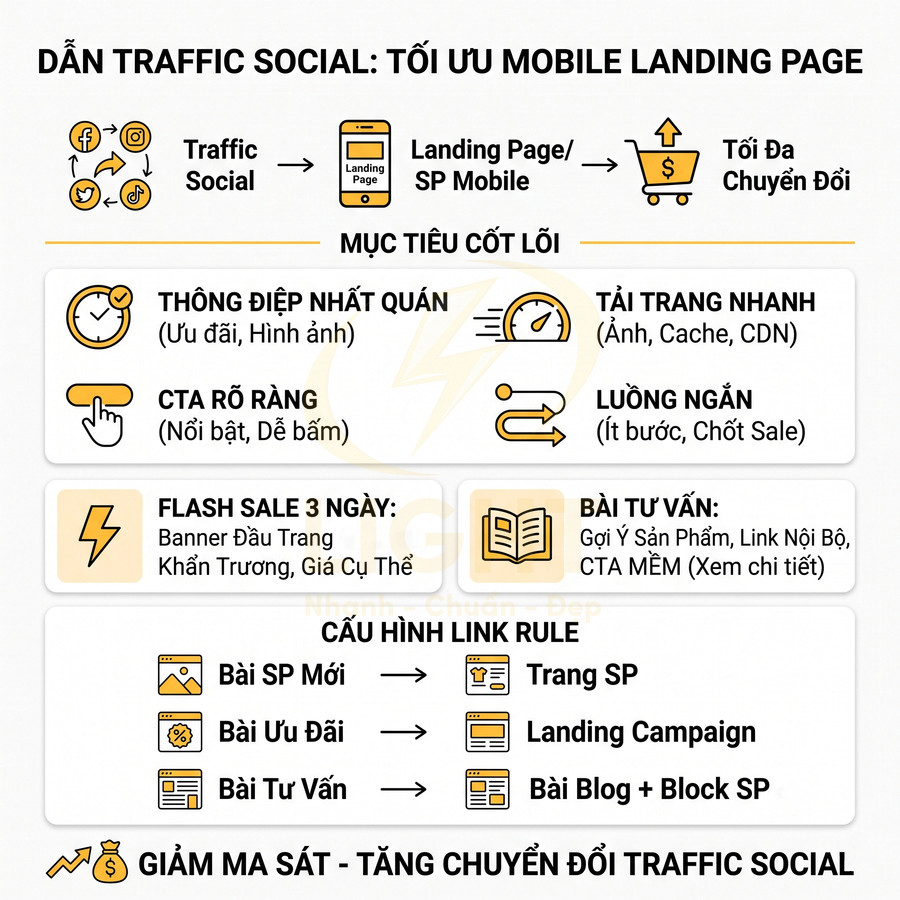 Infographic hướng dẫn tối ưu mobile landing page để tăng chuyển đổi traffic social với mục tiêu, CTA và cấu hình link rule