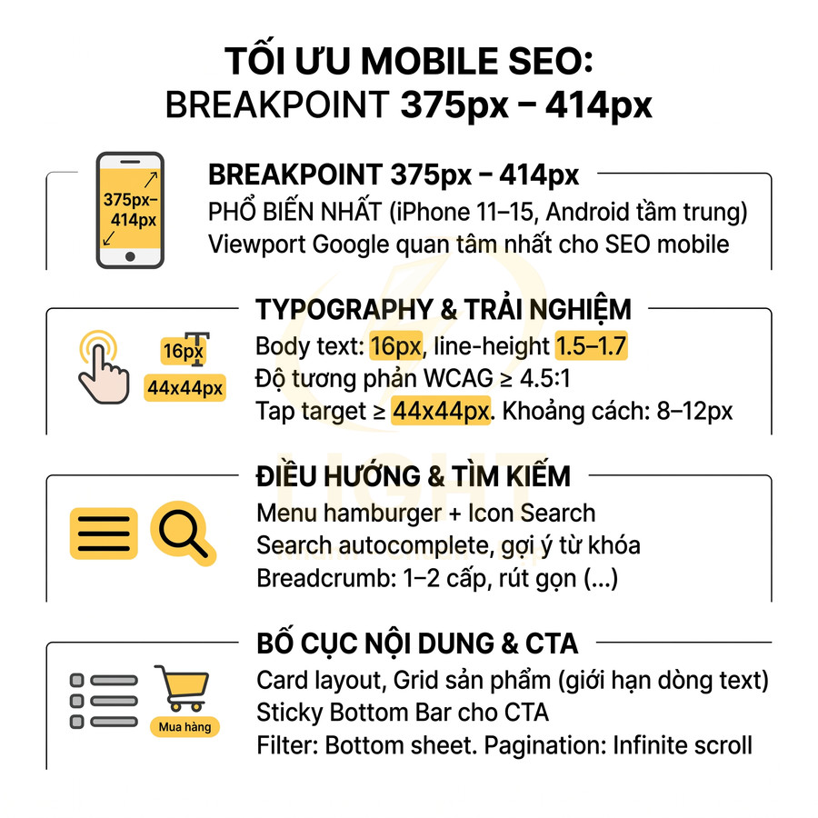 Hướng dẫn tối ưu mobile SEO với breakpoint 375px 414px về typography điều hướng và bố cục CTA