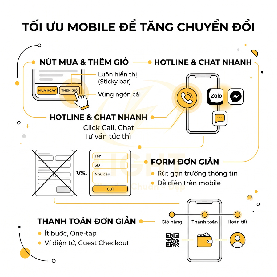 Infographic tối ưu giao diện mobile với nút mua, hotline chat nhanh, form đơn giản và quy trình thanh toán ít bước