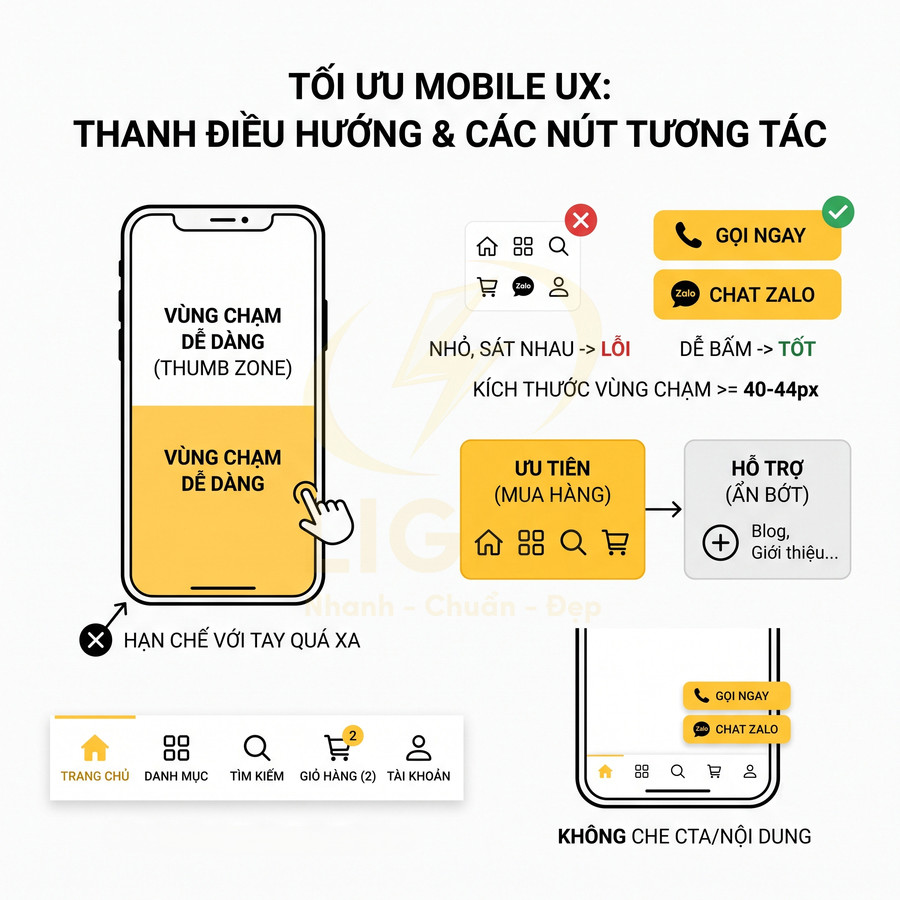 Hướng dẫn tối ưu UX mobile với thanh điều hướng, vùng chạm dễ dàng và nút gọi ngay, chat Zalo