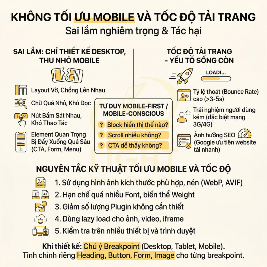 Infographic tối ưu giao diện mobile first và tốc độ tải trang với các nguyên tắc kỹ thuật cơ bản