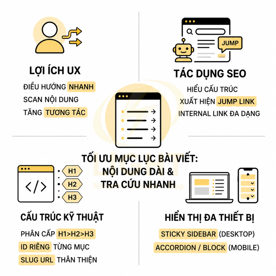 Infographic lợi ích mục lục bài viết cho UX SEO cấu trúc kỹ thuật và hiển thị đa thiết bị trên web