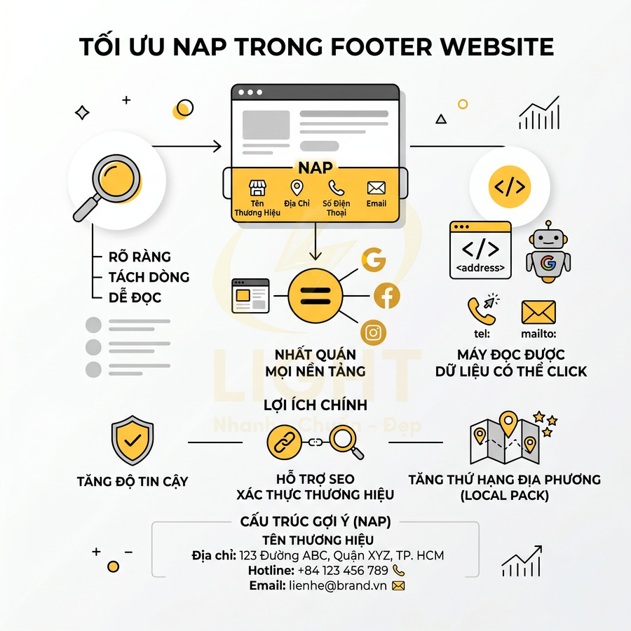 Hướng dẫn tối ưu NAP trong footer website với ví dụ cấu trúc địa chỉ, số điện thoại, email chuẩn SEO
