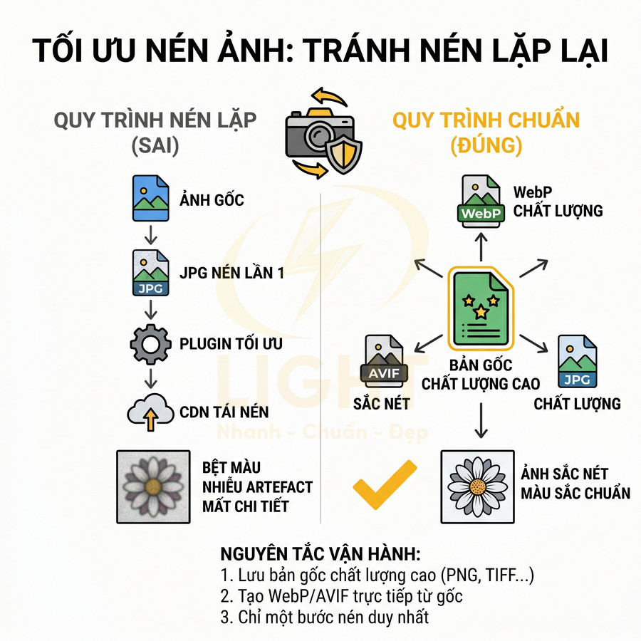 Hướng dẫn tối ưu nén ảnh tránh nén lặp lại, so sánh quy trình sai và quy trình chuẩn cho ảnh web sắc nét