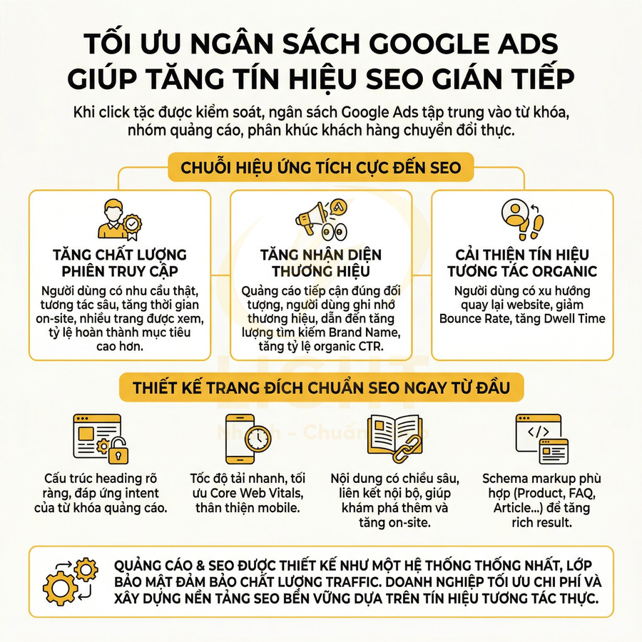 Infographic tối ưu ngân sách Google Ads để tăng tín hiệu SEO gián tiếp và thiết kế trang đích chuẩn SEO