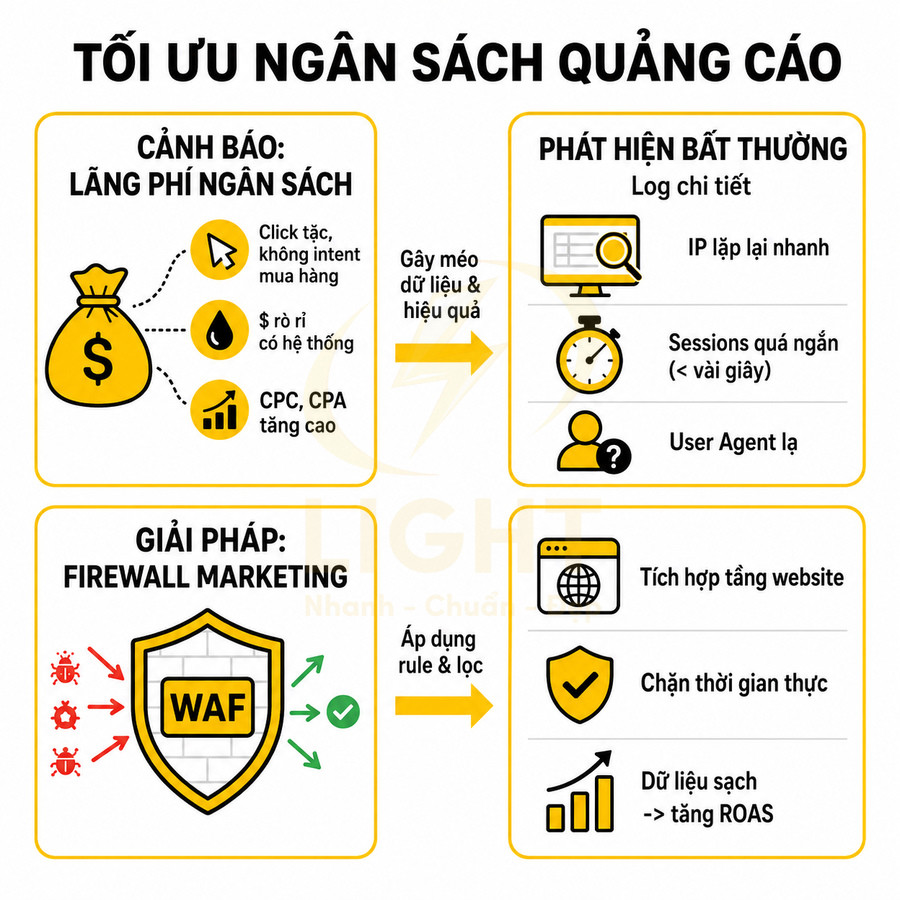 Infographic tối ưu ngân sách quảng cáo với cảnh báo lãng phí và giải pháp Firewall Marketing WAF lọc traffic xấu