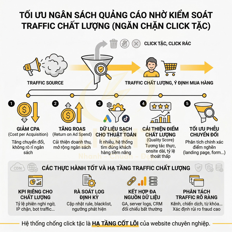 Infographic tối ưu ngân sách quảng cáo bằng kiểm soát traffic chất lượng và ngăn chặn click tặc