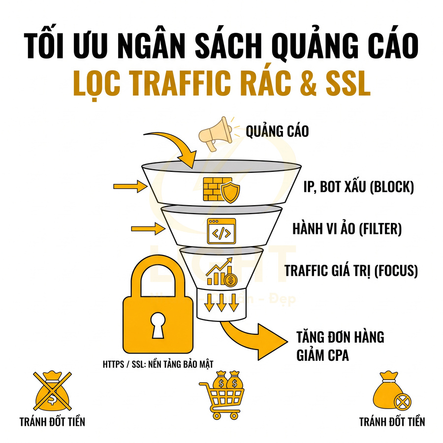 Mô hình tối ưu ngân sách quảng cáo bằng lọc traffic rác và bảo mật SSL để tăng đơn hàng, giảm CPA