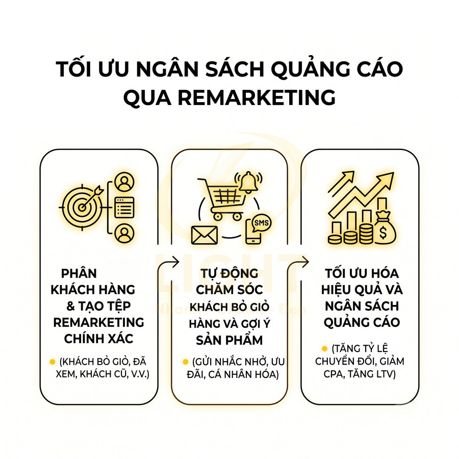 Mô tả quy trình tối ưu ngân sách quảng cáo qua remarketing với phân khúc khách hàng và chăm sóc tự động