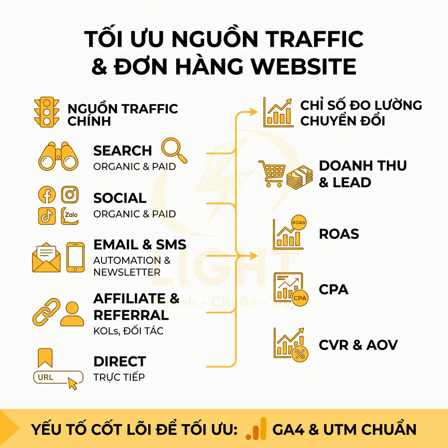 Sơ đồ tối ưu nguồn traffic website và đo lường chuyển đổi qua search, social, email, affiliate, direct