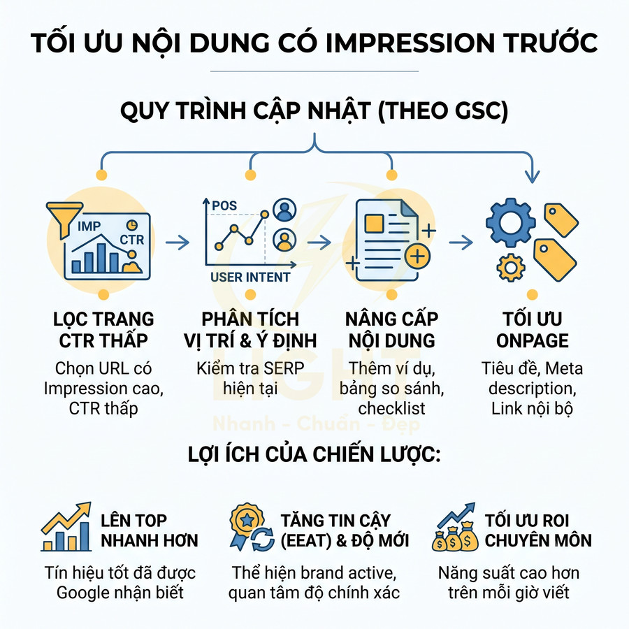 Quy trình tối ưu nội dung SEO có impression trước, các bước cập nhật GSC và lợi ích chiến lược chi tiết