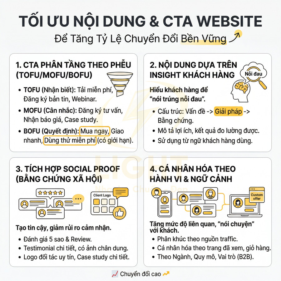 Infographic tối ưu nội dung và CTA website để tăng tỷ lệ chuyển đổi với 4 bước và ví dụ minh họa