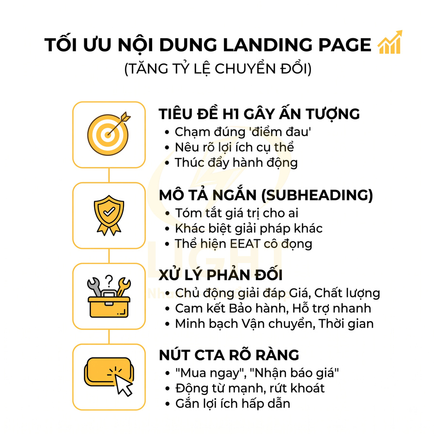 Checklist tối ưu nội dung landing page với tiêu đề H1, mô tả ngắn, xử lý phản đối và nút CTA rõ ràng